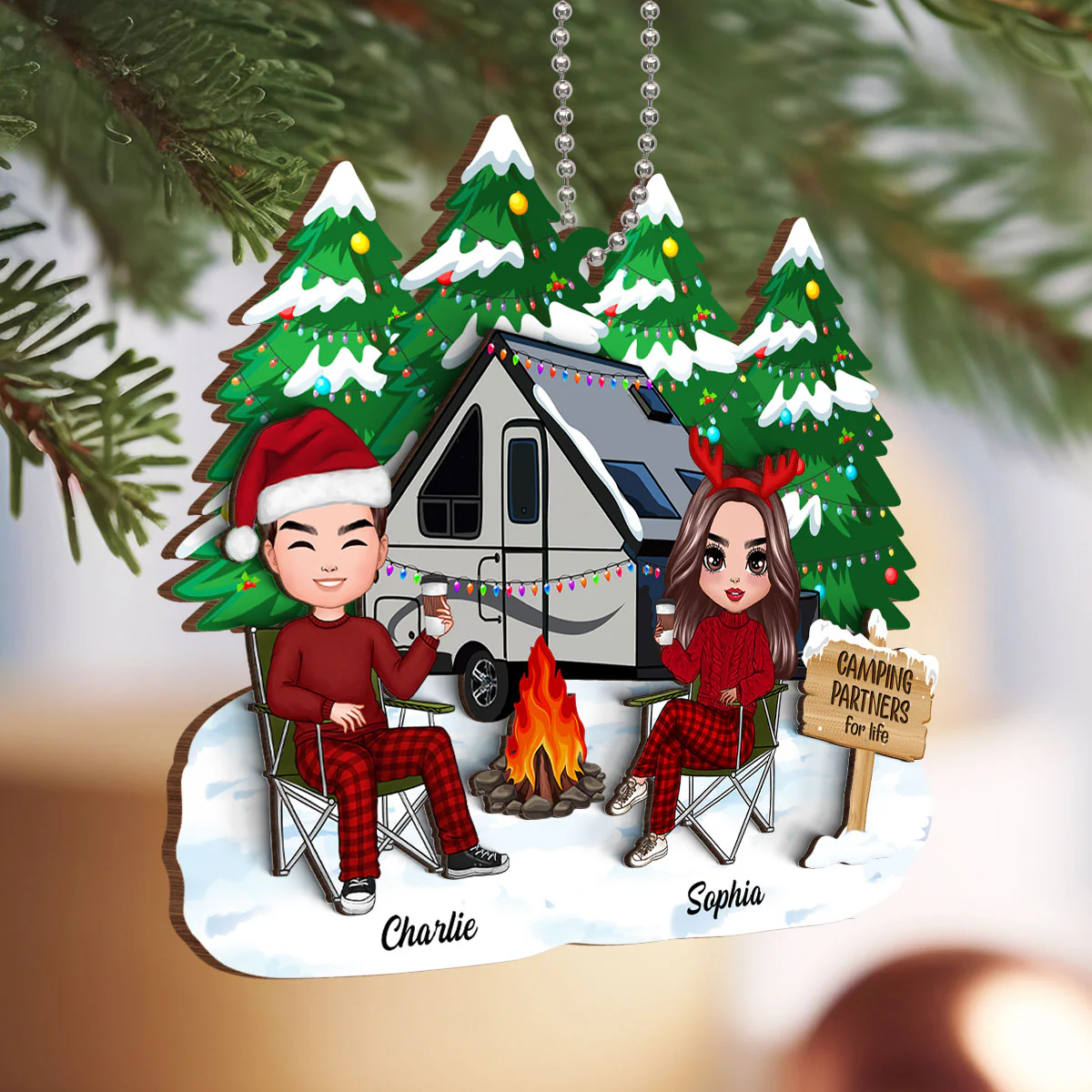 Camping Couple Christmas Personalized 2-Layer Wooden Ornament - Image 5