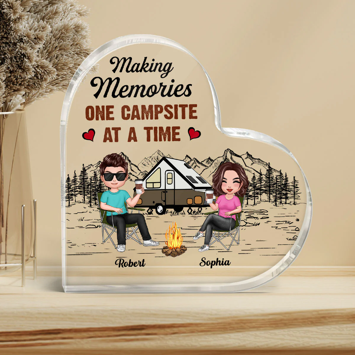 Camping Couple Making Memories Personalized Acrylic Heart Plaque - Image 3