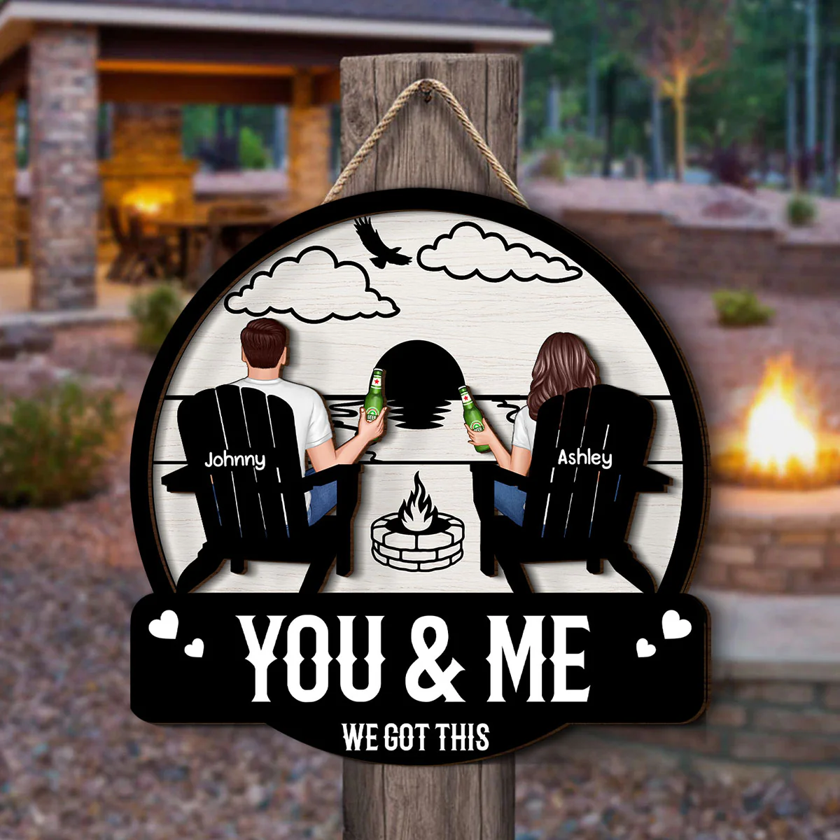 Camping Couple Sitting Back View, Campfire, Fire Pit Personalized Wood Sign - Image 4