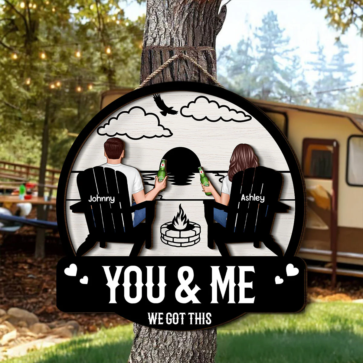 Camping Couple Sitting Back View, Campfire, Fire Pit Personalized Wood Sign - Image 5