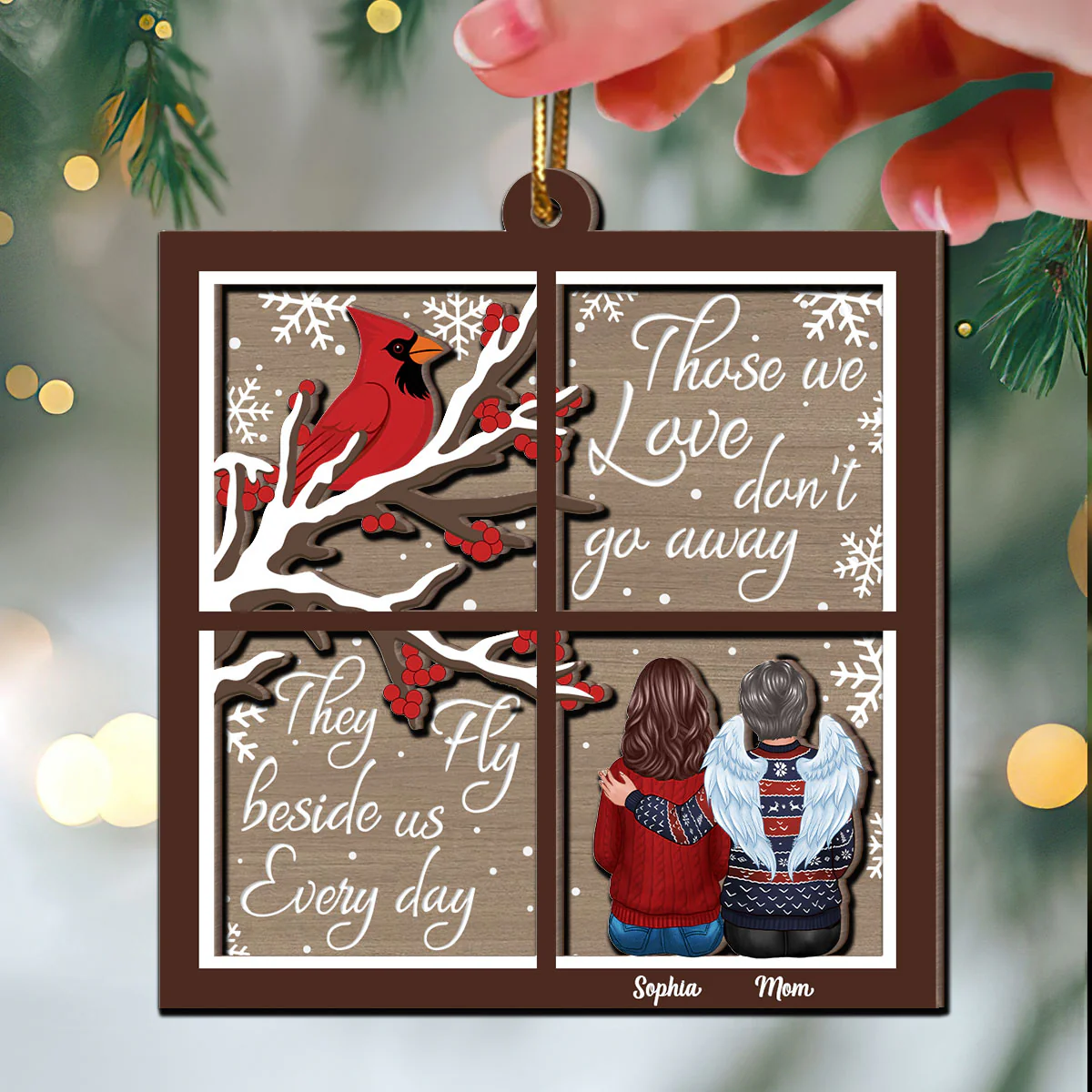 Cardinal Always With You Memorial Christmas Window Shaped Personalized 2-Layer Wooden Ornament, Sympathy Gift - Image 3