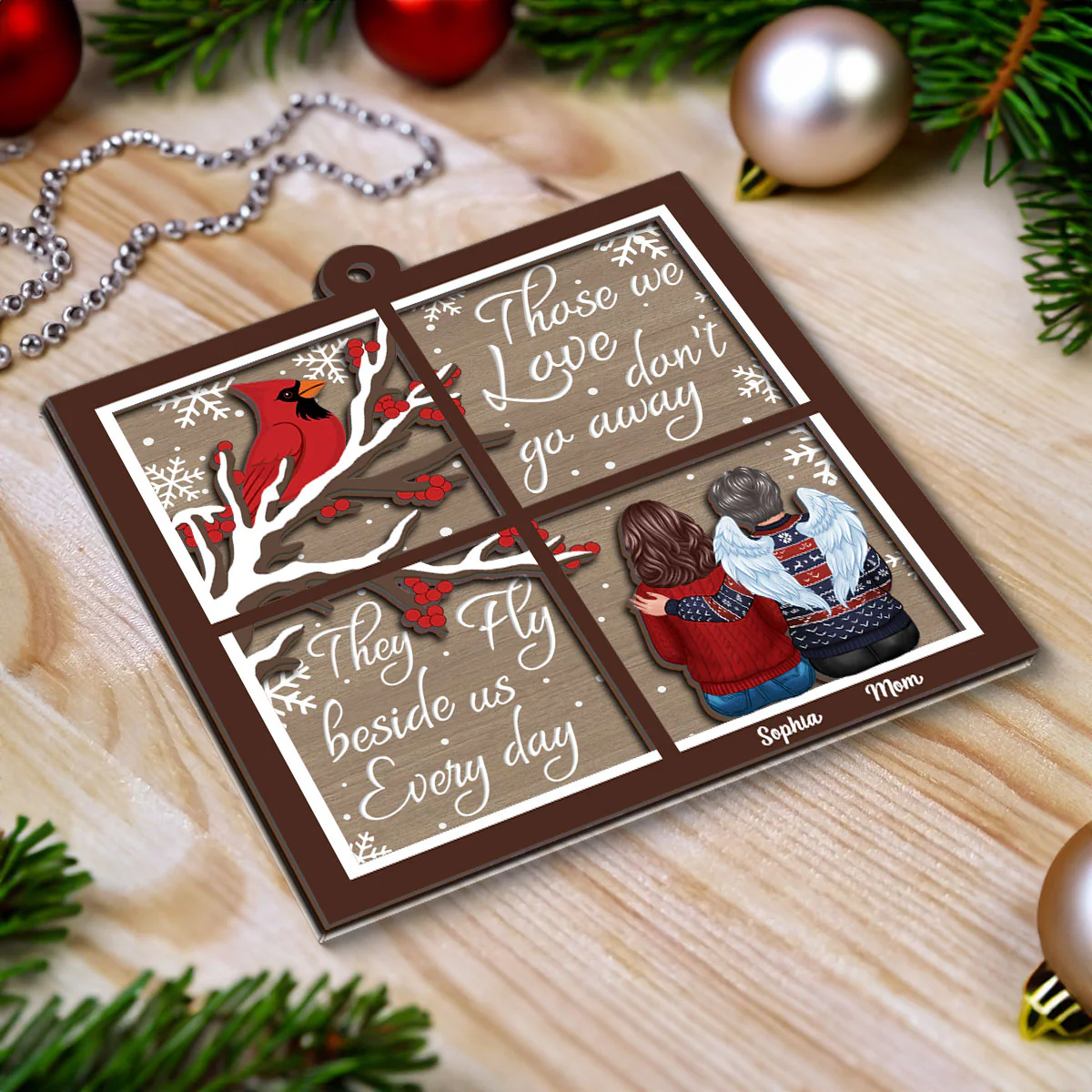 Cardinal Always With You Memorial Christmas Window Shaped Personalized 2-Layer Wooden Ornament, Sympathy Gift - Image 4