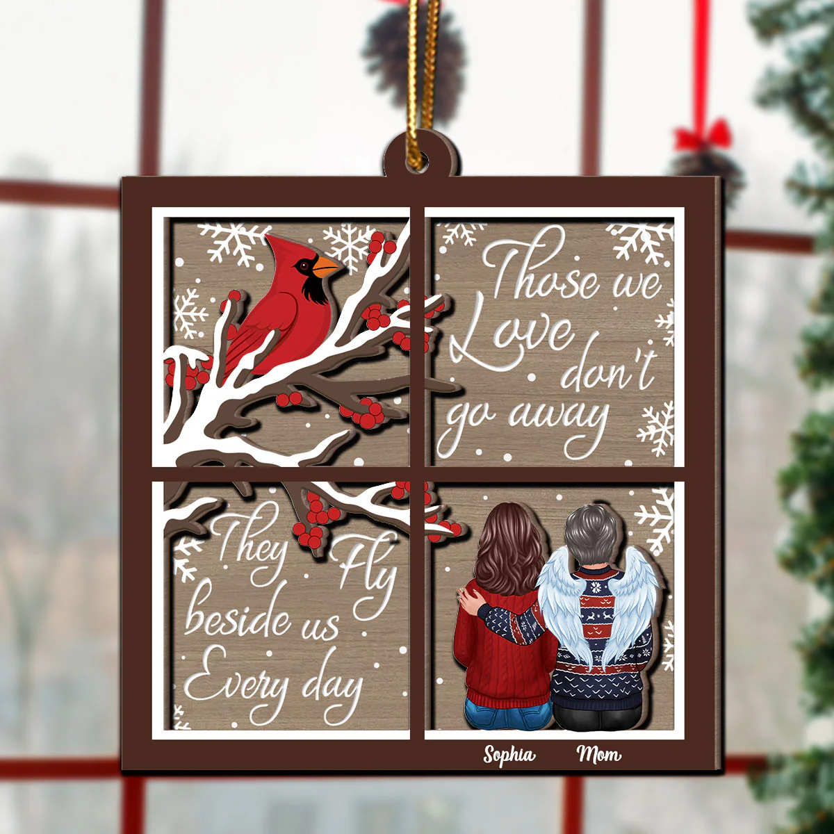 Cardinal Always With You Memorial Christmas Window Shaped Personalized 2-Layer Wooden Ornament, Sympathy Gift - Image 5