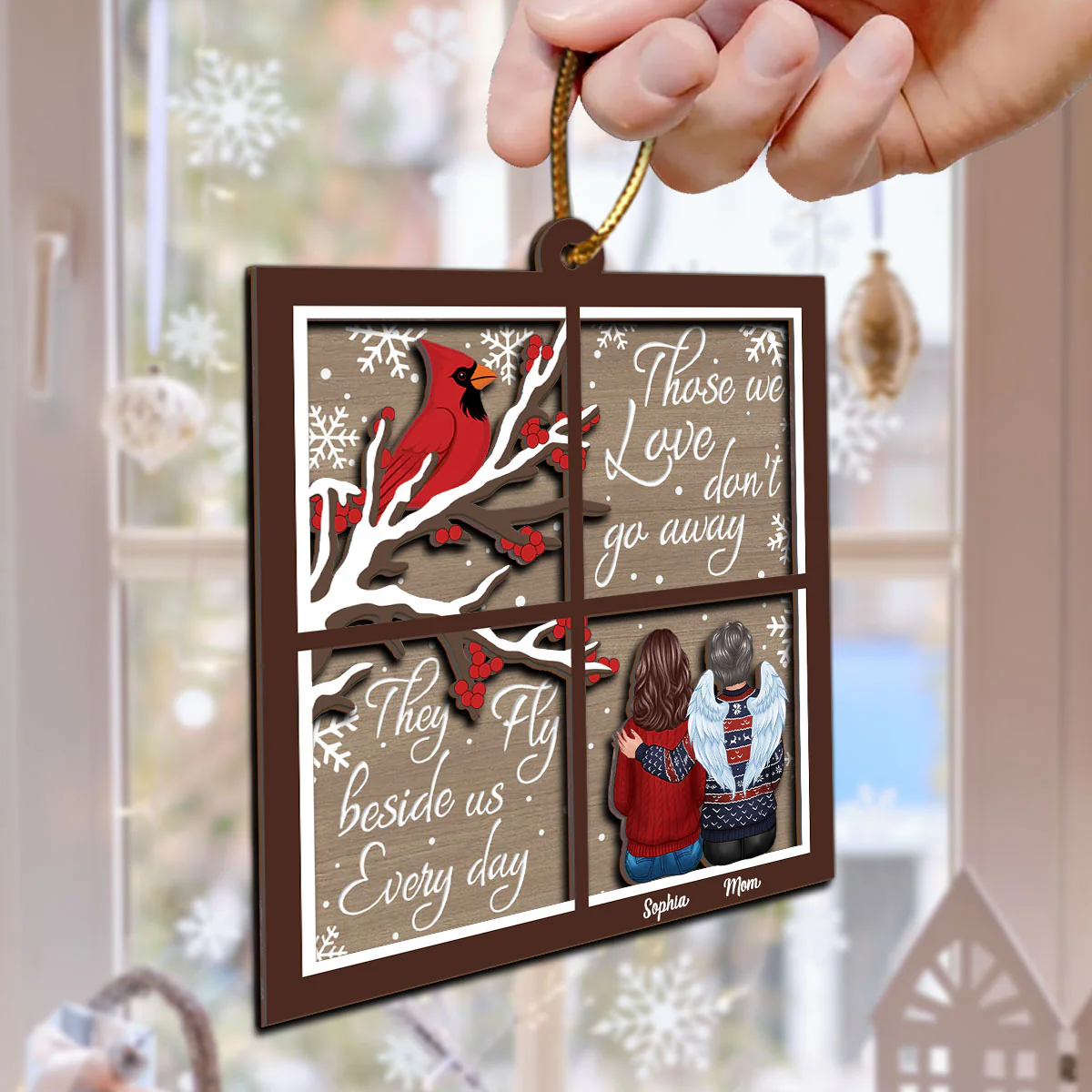 Cardinal Always With You Memorial Christmas Window Shaped Personalized 2-Layer Wooden Ornament, Sympathy Gift - Image 6