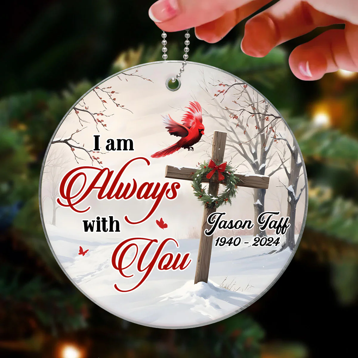 Cardinal Cross Christmas Wreath Personalized Acrylic Ornament, Christian, Jesus - Image 3
