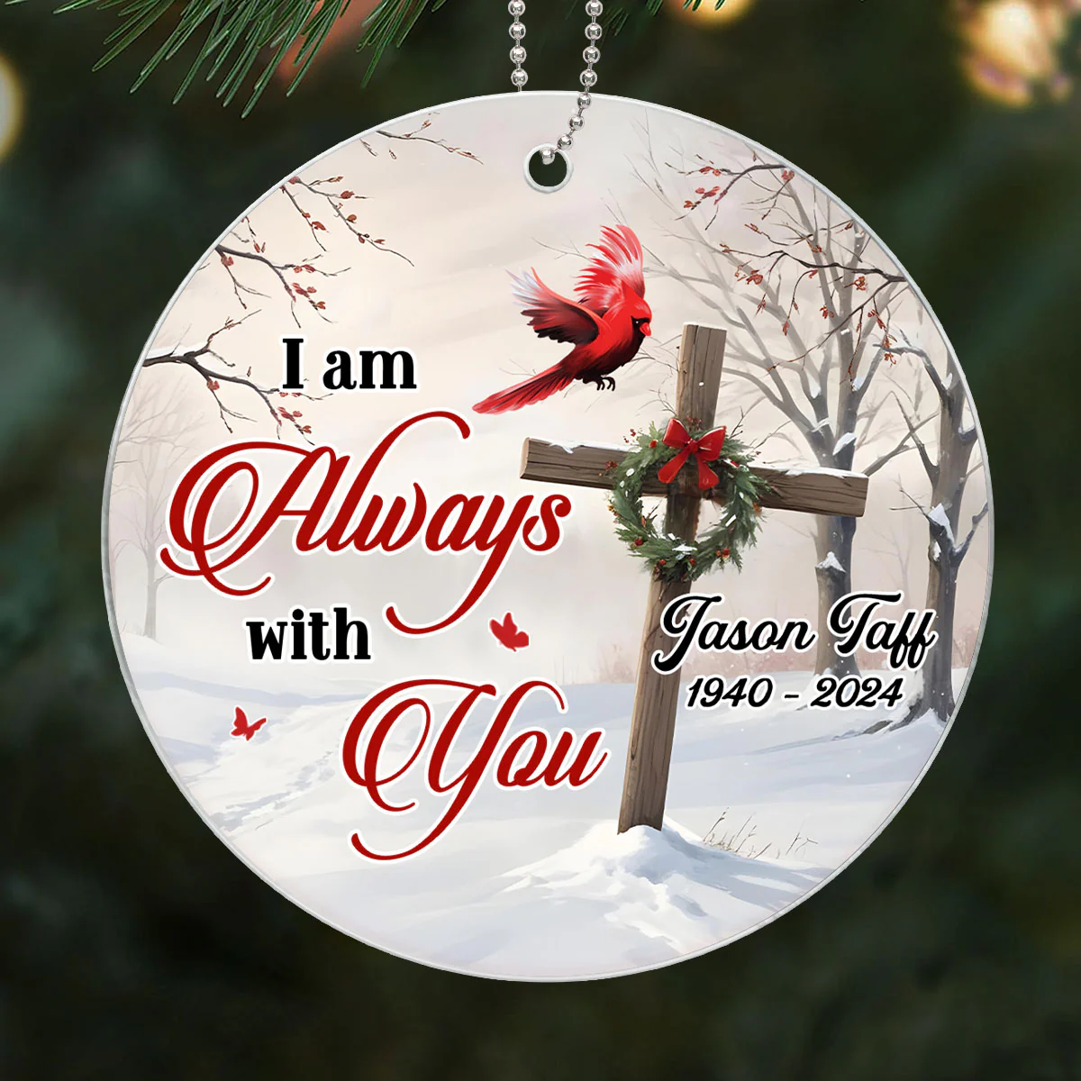 Cardinal Cross Christmas Wreath Personalized Acrylic Ornament, Christian, Jesus - Image 4