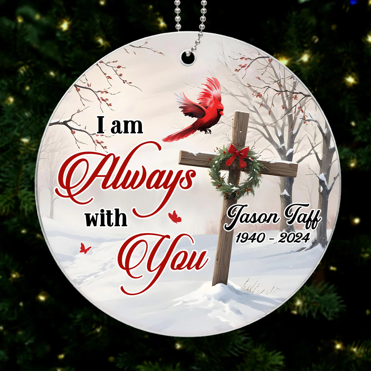 Cardinal Cross Christmas Wreath Personalized Acrylic Ornament, Christian, Jesus - Image 5