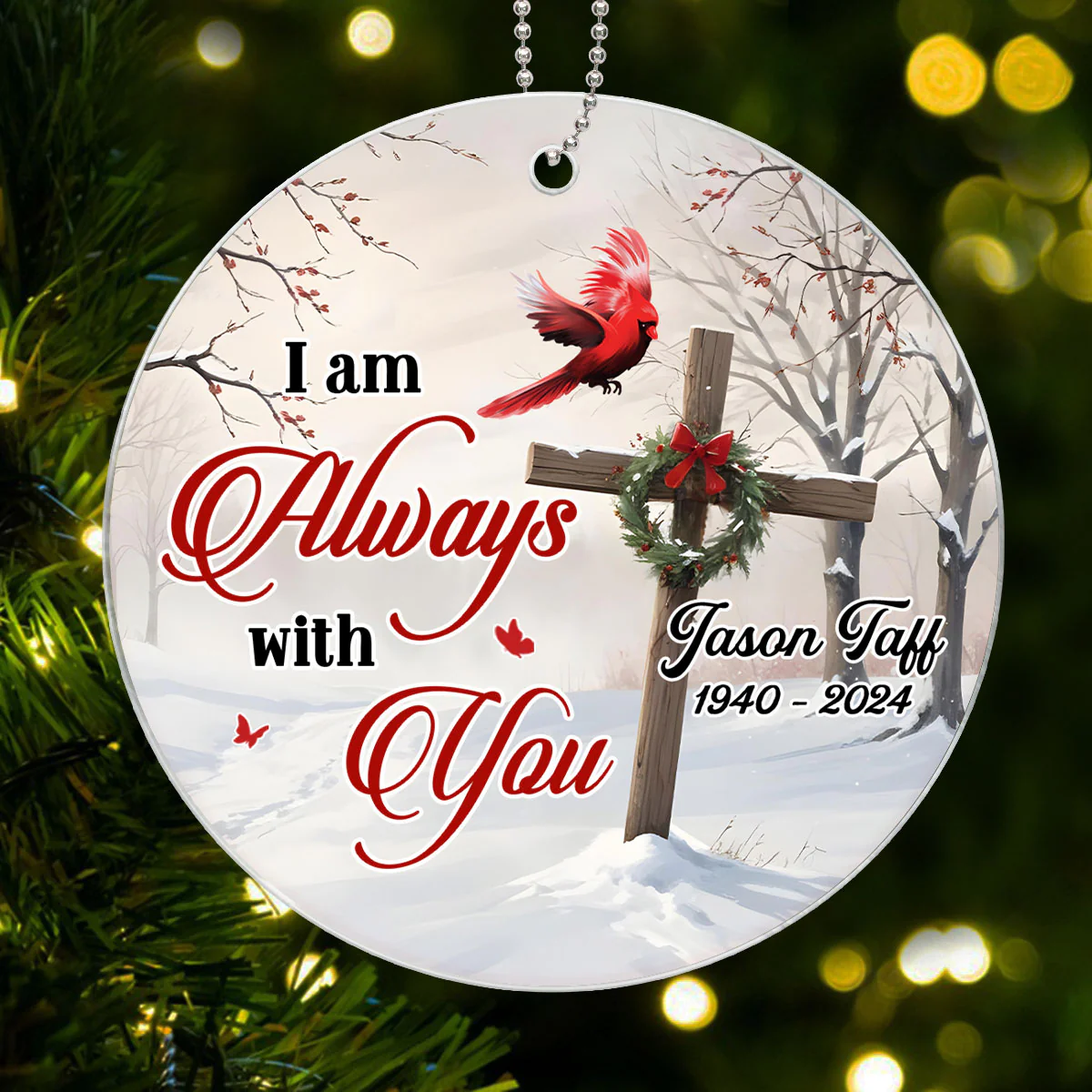 Cardinal Cross Christmas Wreath Personalized Acrylic Ornament, Christian, Jesus - Image 6