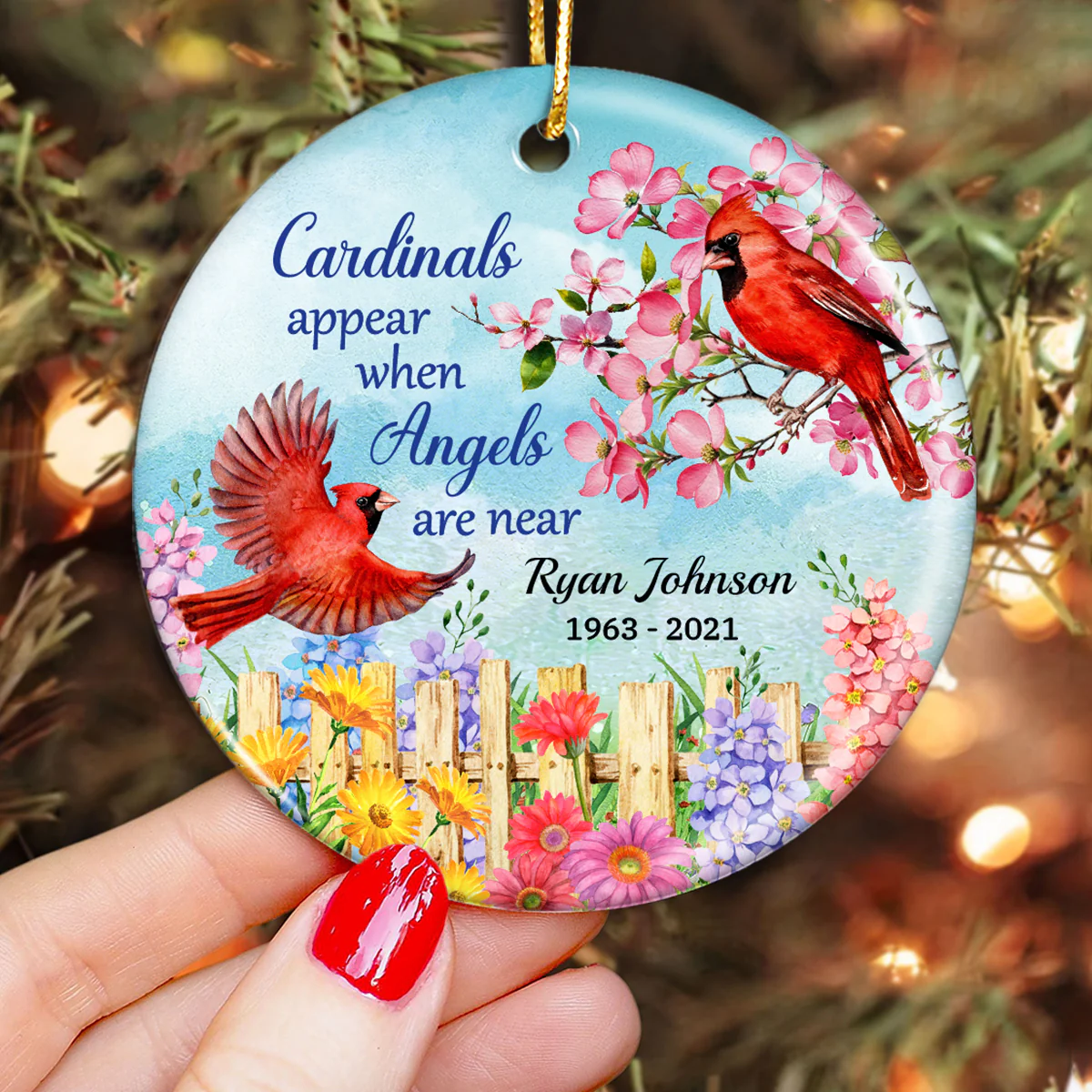 Cardinal Flowers Memorial Personalized Circle Ornament - Image 3