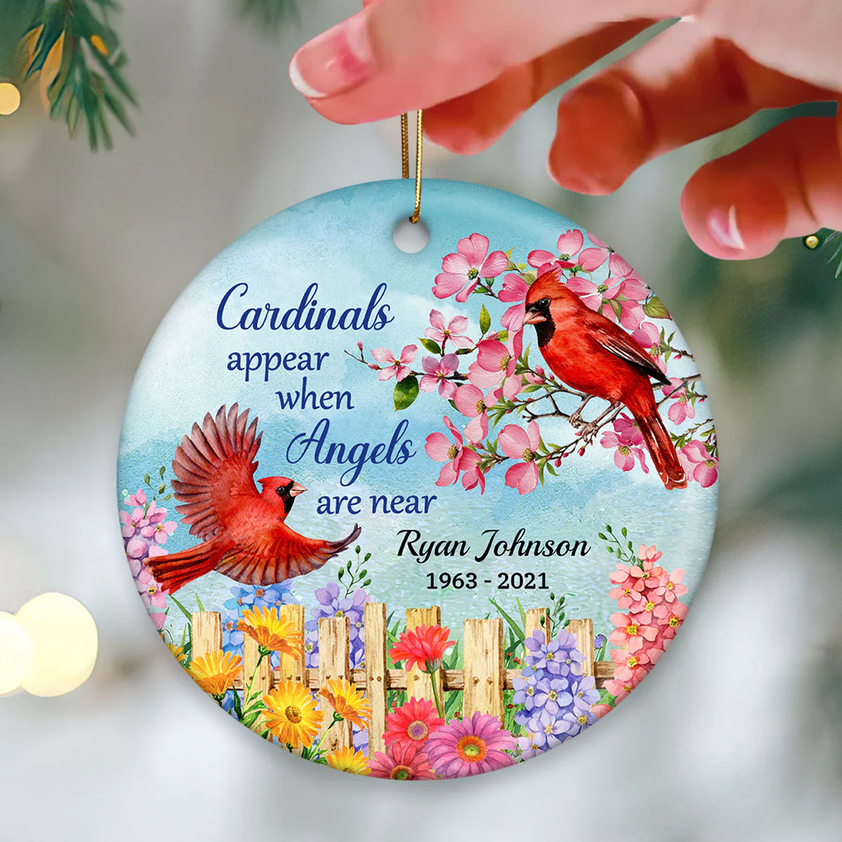 Cardinal Flowers Memorial Personalized Circle Ornament - Image 4