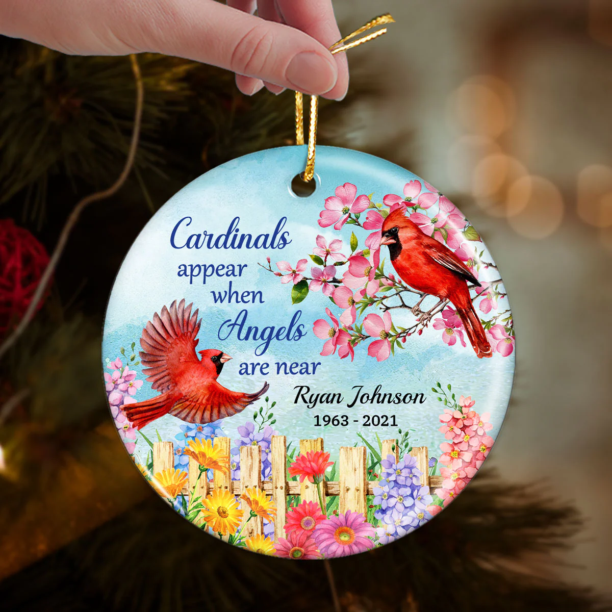 Cardinal Flowers Memorial Personalized Circle Ornament - Image 5