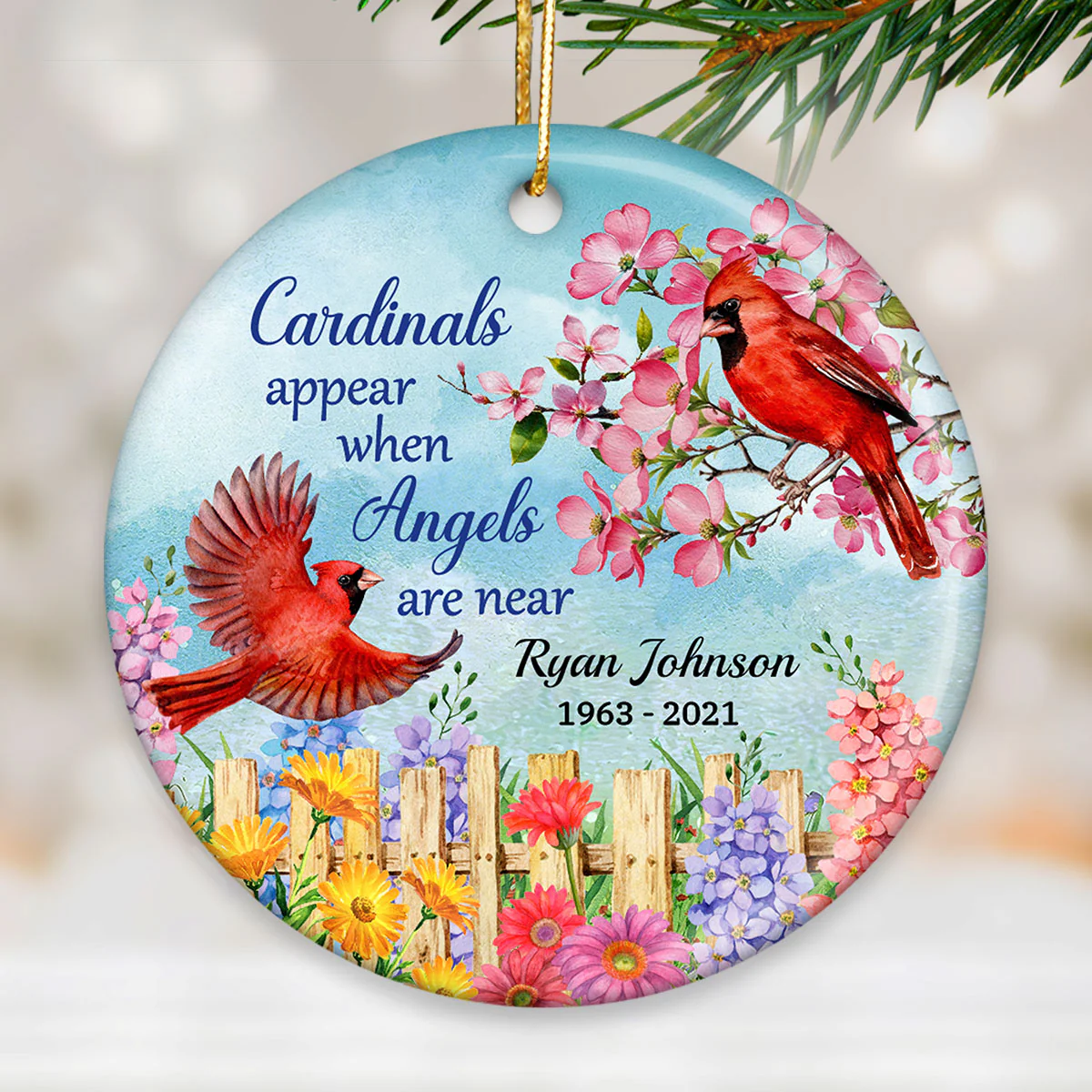 Cardinal Flowers Memorial Personalized Circle Ornament - Image 6