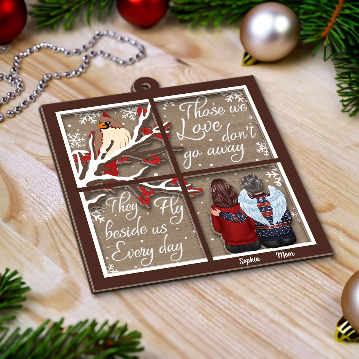 Cardinal Memorial Window Shaped Personalized 2-Layer Wooden Ornament - Image 4