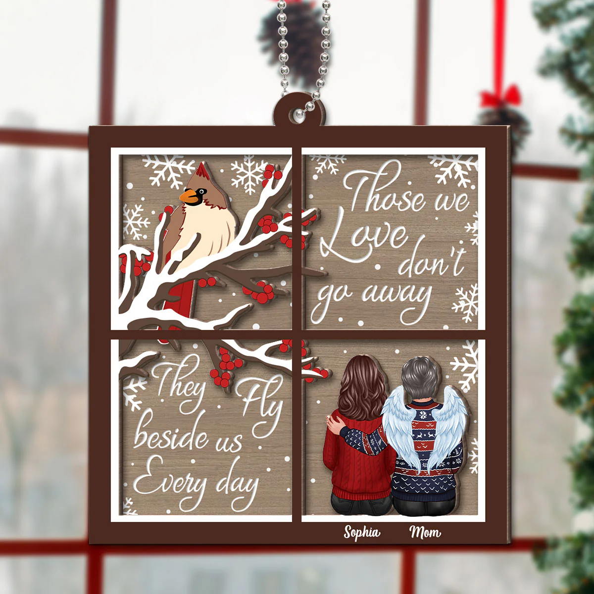 Cardinal Memorial Window Shaped Personalized 2-Layer Wooden Ornament - Image 5