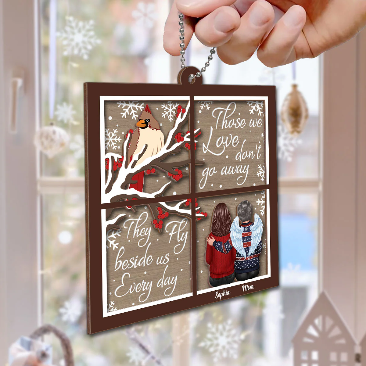 Cardinal Memorial Window Shaped Personalized 2-Layer Wooden Ornament - Image 6