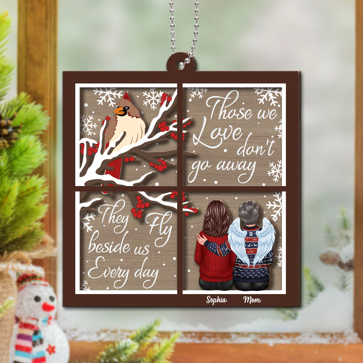 Cardinal Memorial Window Shaped Personalized 2-Layer Wooden Ornament - Image 8