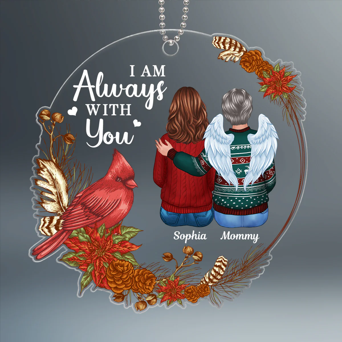 Cardinal Poinsettia Wreath Always With You Family Memorial Keepsake Sympathy Remembrance Gift Personalized Acrylic Ornament - Image 2