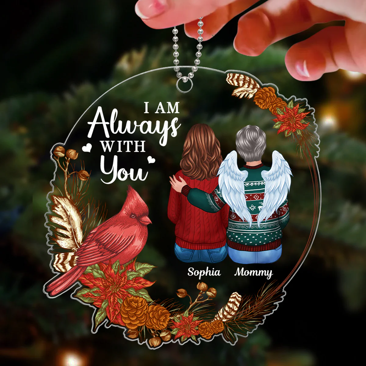 Cardinal Poinsettia Wreath Always With You Family Memorial Keepsake Sympathy Remembrance Gift Personalized Acrylic Ornament - Image 3