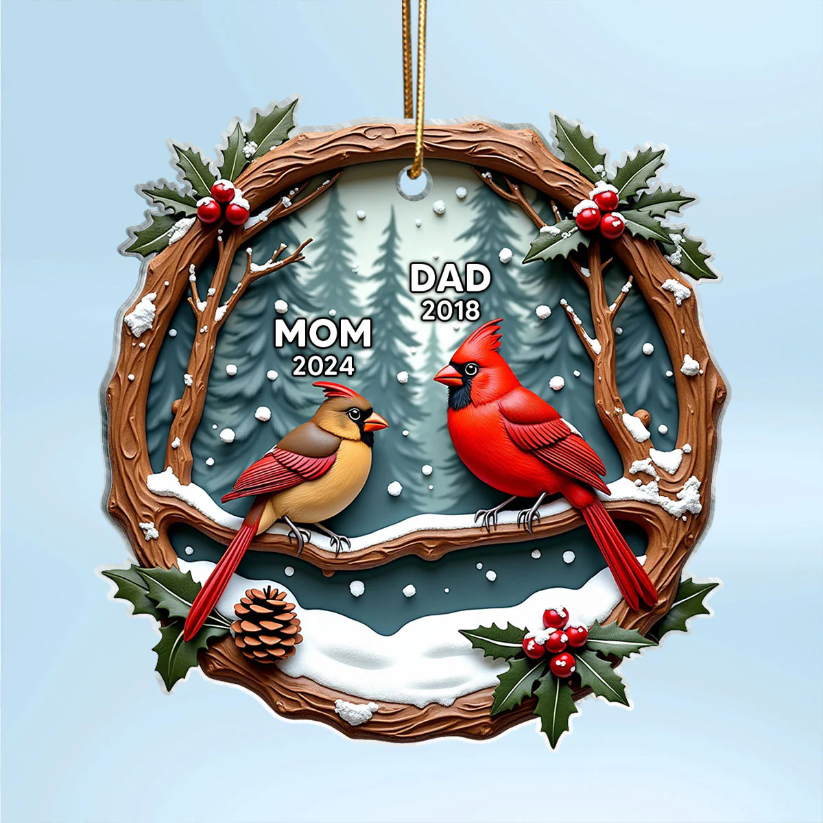 3D Effect Cardinals Dad Mom Memorial Berry Branch Christmas Personalized Acrylic Ornament, Sympathy Gift, Remembrance Gift - Image 2