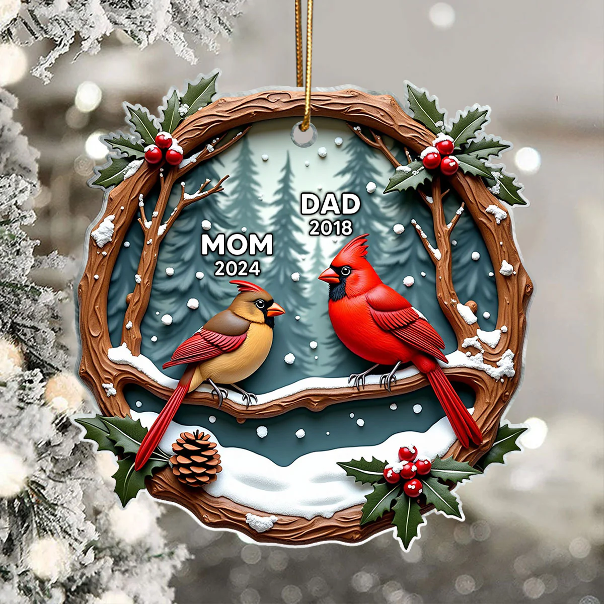 3D Effect Cardinals Dad Mom Memorial Berry Branch Christmas Personalized Acrylic Ornament, Sympathy Gift, Remembrance Gift - Image 3
