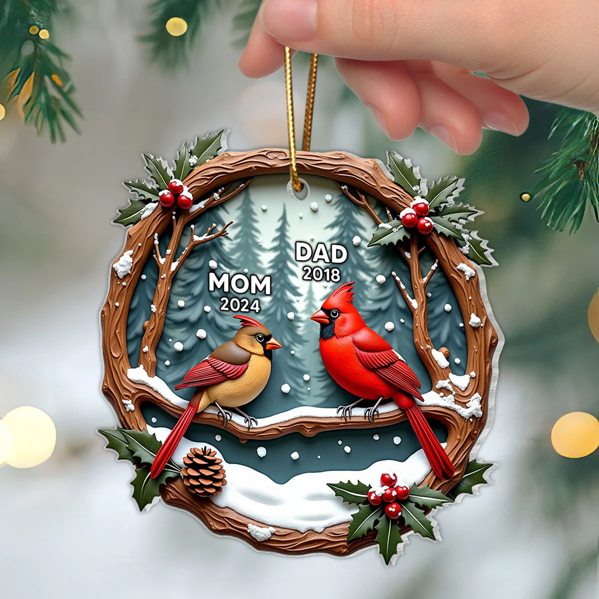 3D Effect Cardinals Dad Mom Memorial Berry Branch Christmas Personalized Acrylic Ornament, Sympathy Gift, Remembrance Gift - Image 4