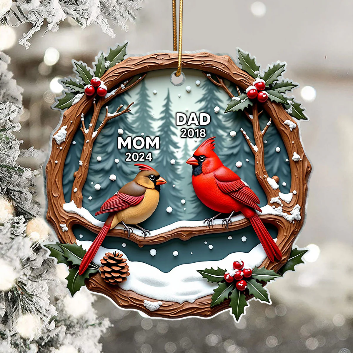 3D Effect Cardinals Dad Mom Memorial Berry Branch Christmas Personalized Acrylic Ornament, Sympathy Gift, Remembrance Gift - Image 5