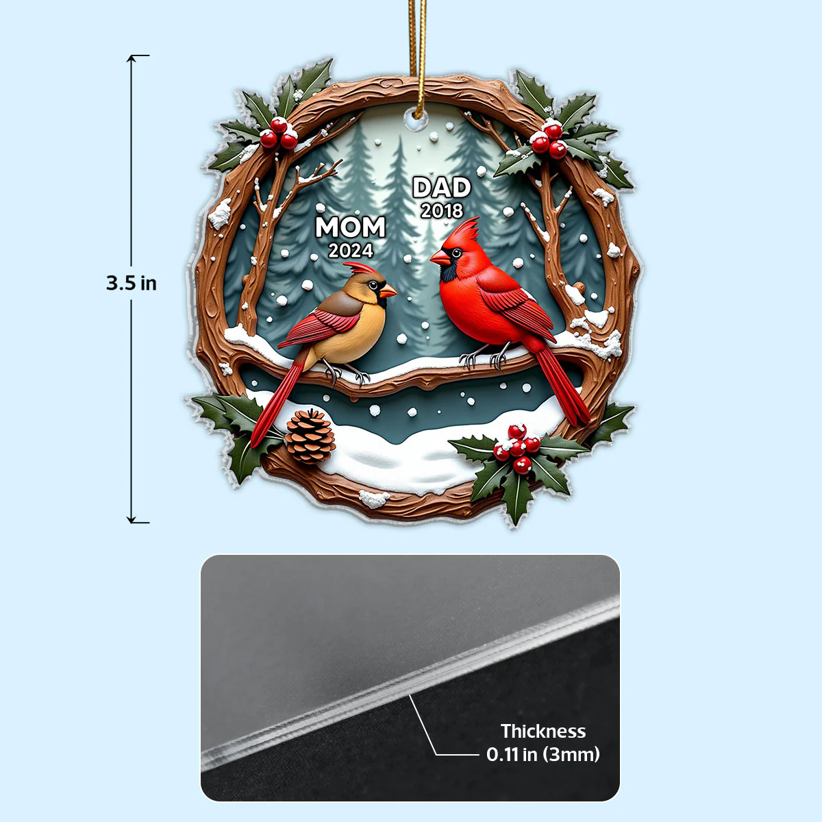 3D Effect Cardinals Dad Mom Memorial Berry Branch Christmas Personalized Acrylic Ornament, Sympathy Gift, Remembrance Gift - Image 7
