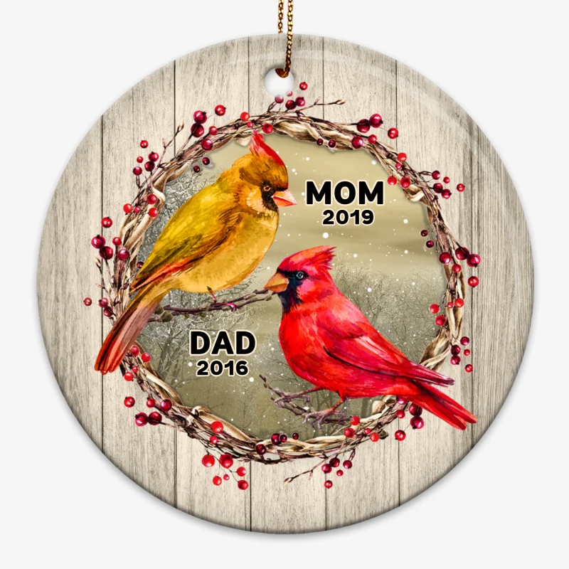 Cardinals Berry Branch Wreath Family Memorial Personalized Circle Ornament