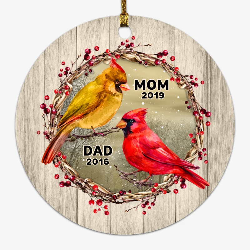 Cardinals Berry Branch Wreath Family Memorial Personalized Circle Ornament - Image 2