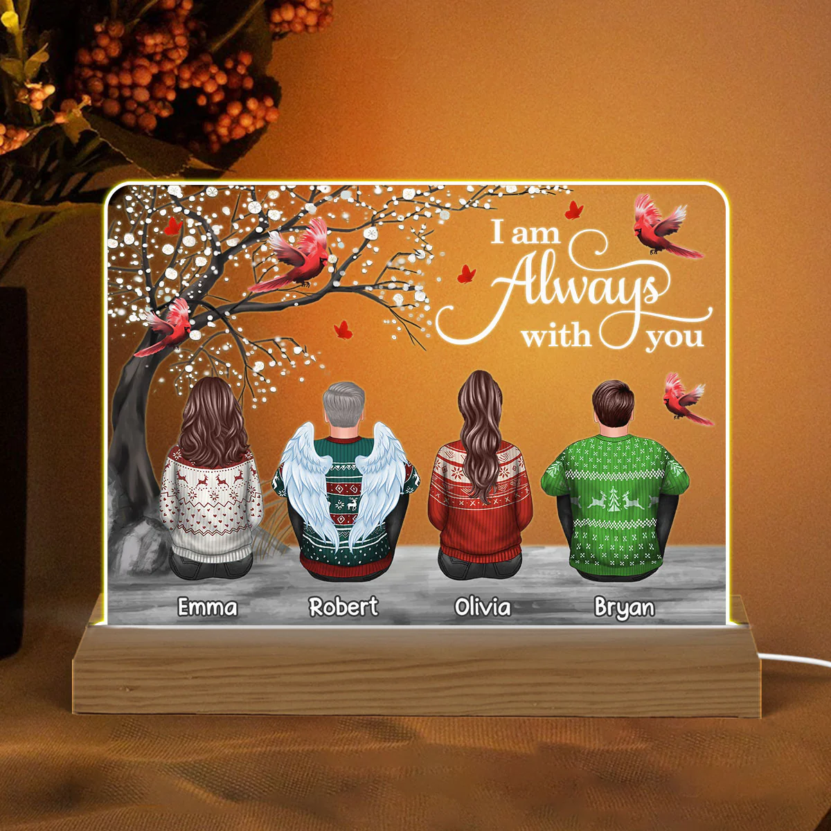 Cardinals Blossom Tree Always With You Family Memorial Remembrance Gift Christmas Personalized Custom Shape Acrylic Plaque Warm LED Night Light - Image 2