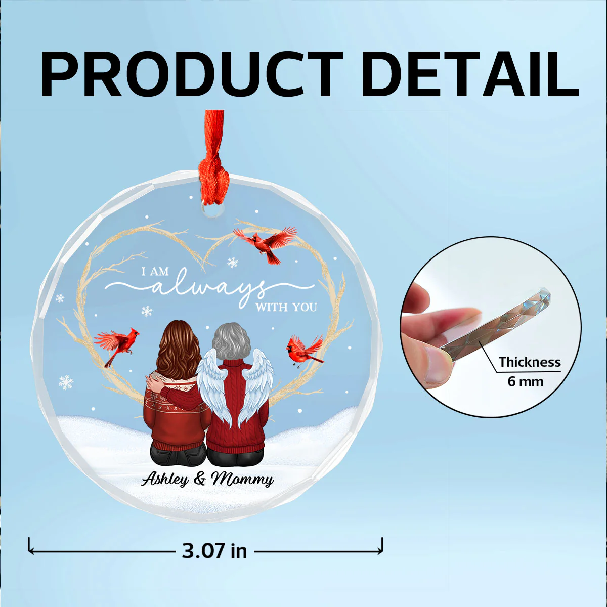 Cardinals Heart Branch Memorial Personalized Glass Ornament, Sympathy Keepsake - Image 11