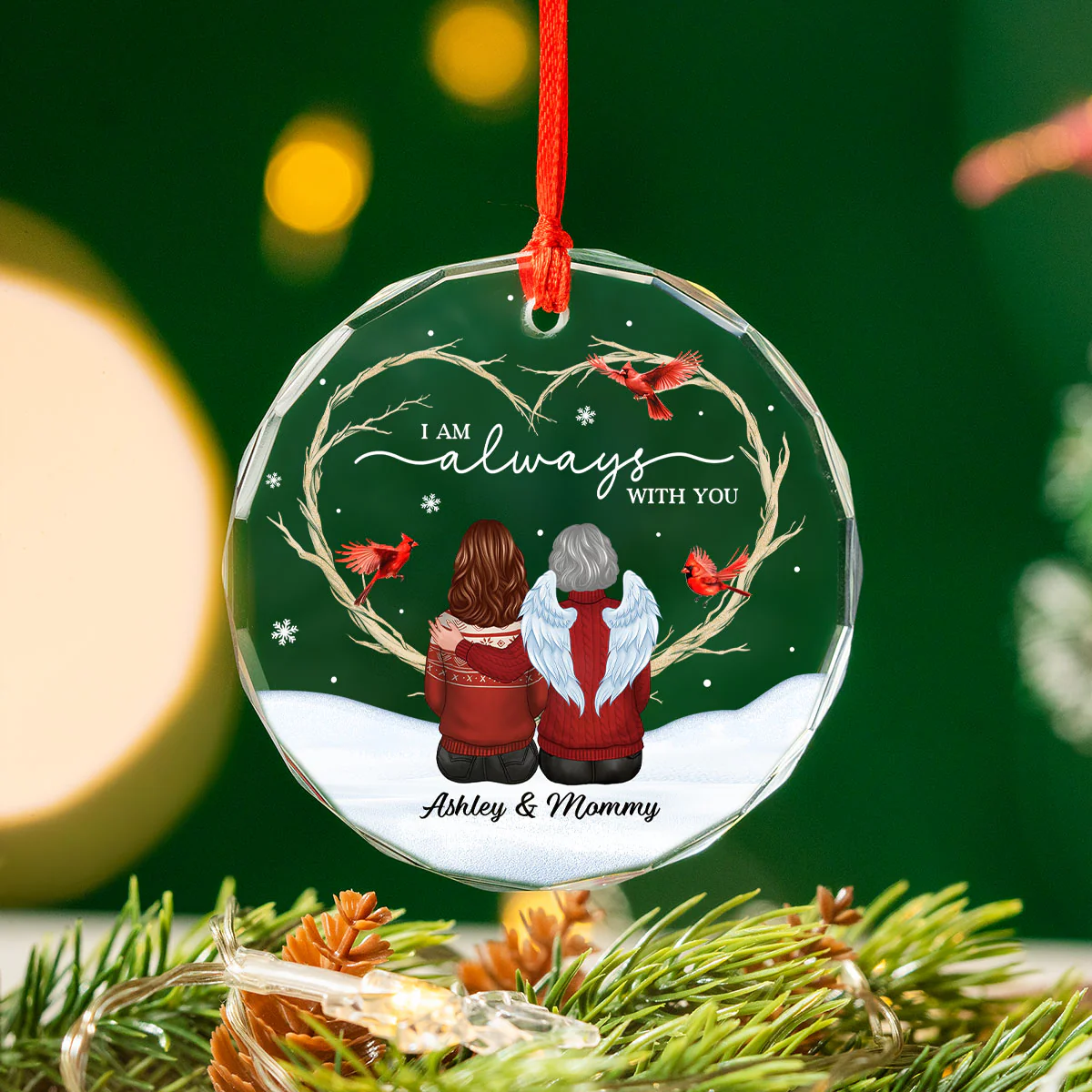 Cardinals Heart Branch Memorial Personalized Glass Ornament, Sympathy Keepsake - Image 2