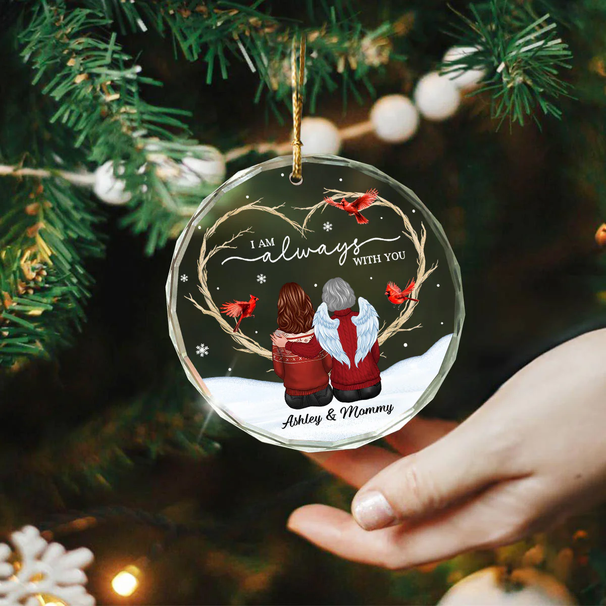 Cardinals Heart Branch Memorial Personalized Glass Ornament, Sympathy Keepsake - Image 3