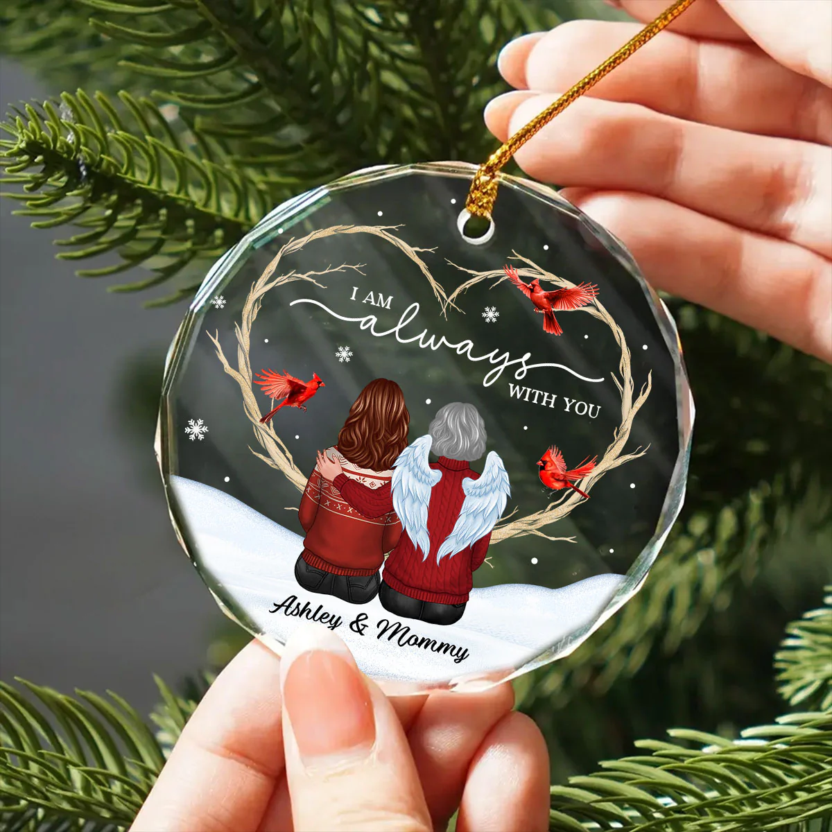 Cardinals Heart Branch Memorial Personalized Glass Ornament, Sympathy Keepsake - Image 4