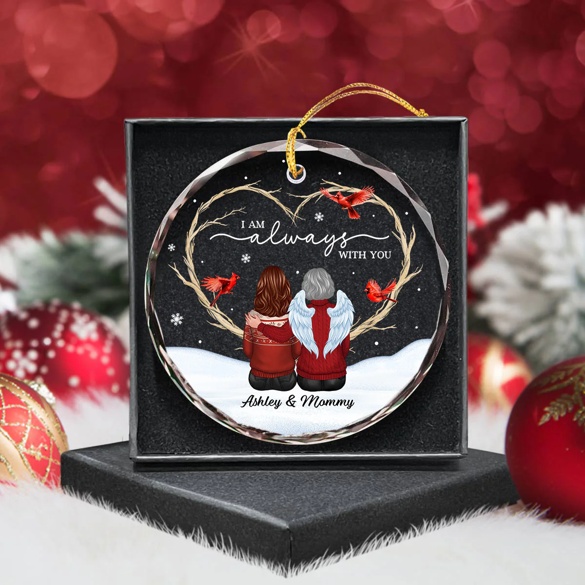 Cardinals Heart Branch Memorial Personalized Glass Ornament, Sympathy Keepsake - Image 6