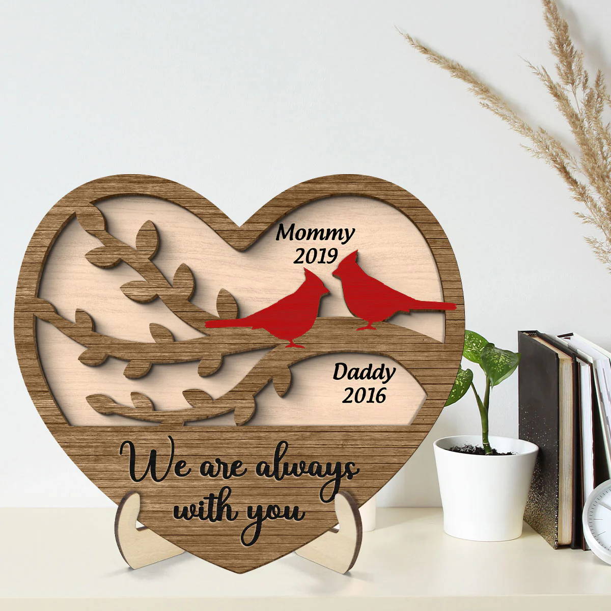 Cardinals Heart Dad Mom Memorial Personalized 2-Layer Wooden Plaque - Image 2