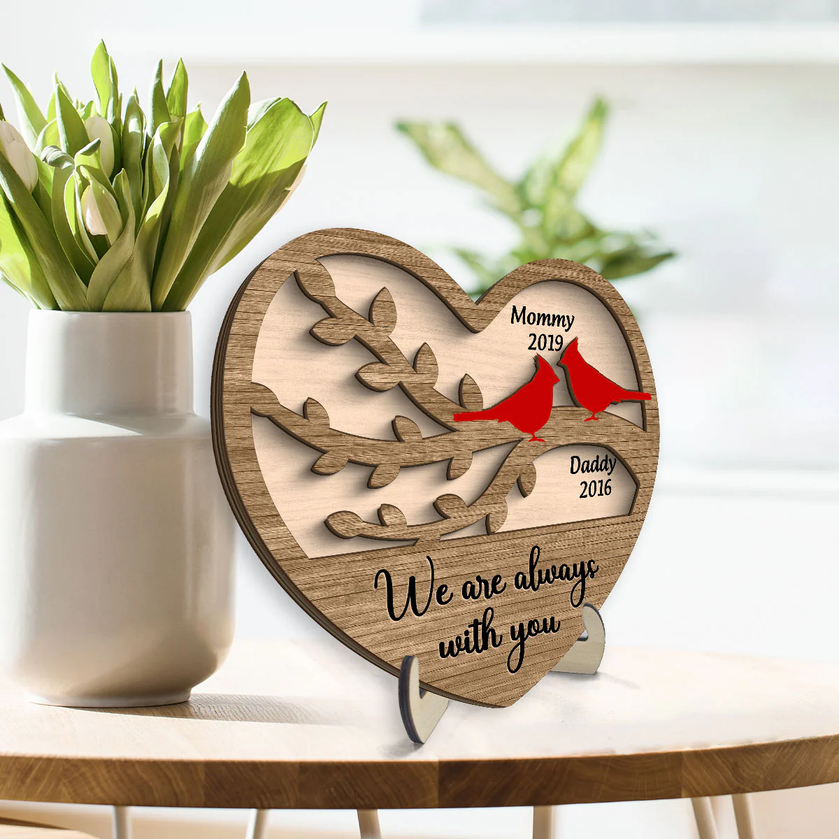 Cardinals Heart Dad Mom Memorial Personalized 2-Layer Wooden Plaque - Image 3