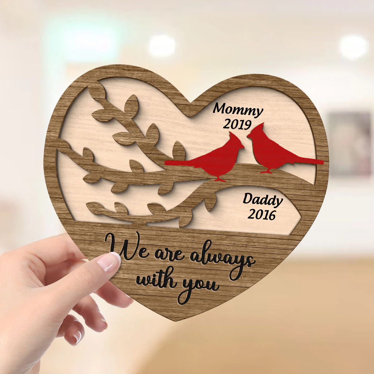 Cardinals Heart Dad Mom Memorial Personalized 2-Layer Wooden Plaque - Image 4