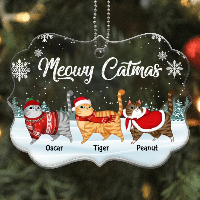 Cartoon Cat Walking In Snow Personalized Acrylic Ornament - Image 3