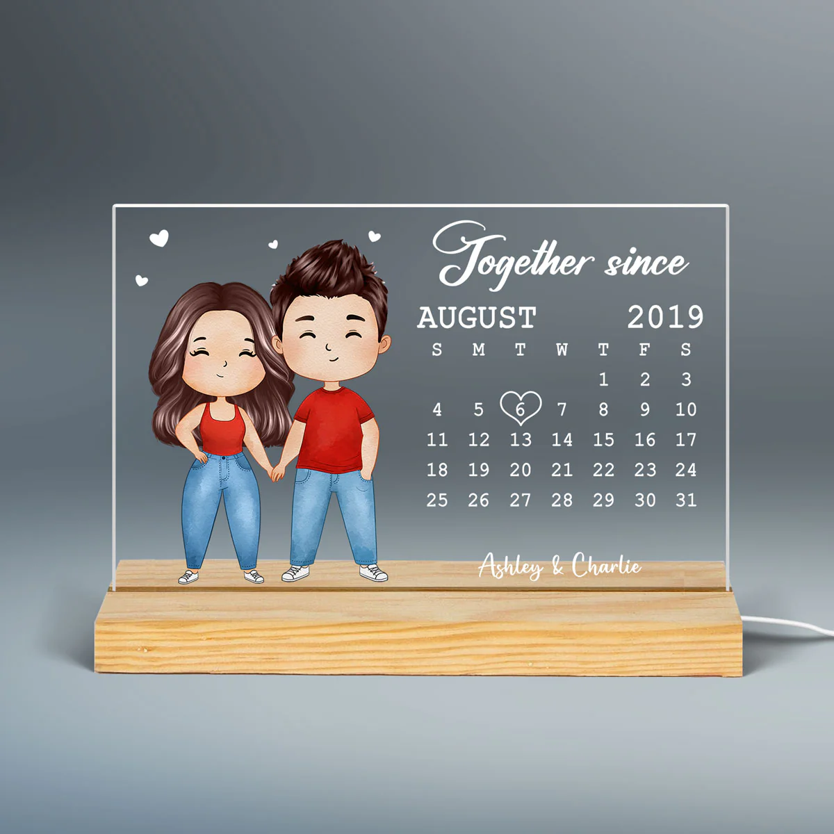 Cartoon Chibi Couple Anniversary Date Calendar Rectangle Personalized Custom Shape Acrylic Plaque With LED Night Light - Anniversary Gift For Couple - Gift For Him - Gift For Her - Image 2