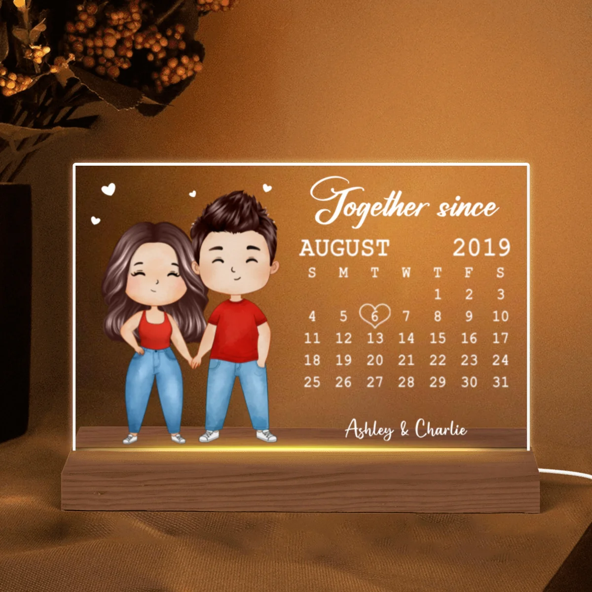 Cartoon Chibi Couple Anniversary Date Calendar Rectangle Personalized Custom Shape Acrylic Plaque With LED Night Light - Anniversary Gift For Couple - Gift For Him - Gift For Her - Image 5