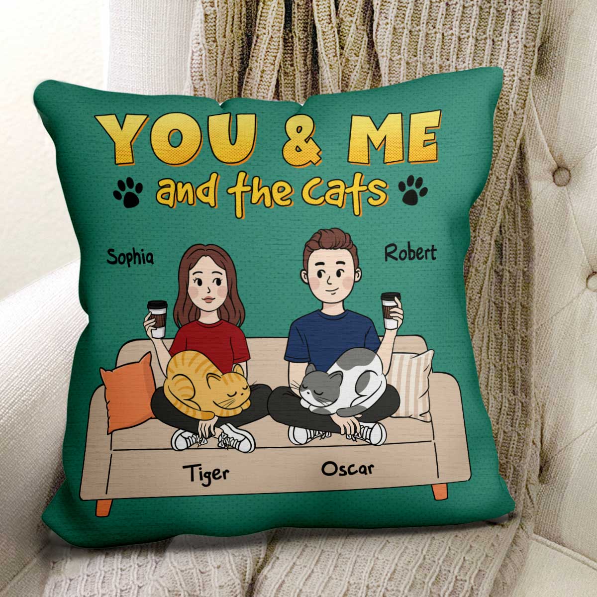 Cartoon Couple And Cats Cat Mom Cat Dad Personalized Pillow - Image 2