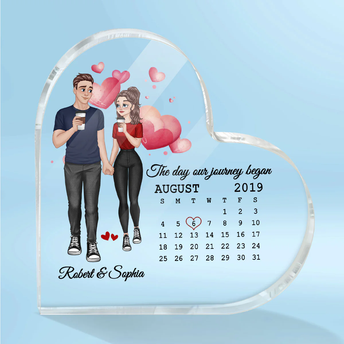 Cartoon Couple Hand In Hand Anniversary Date Calendar Personalized Acrylic Heart Plaque - Gift For Him Gift For Her