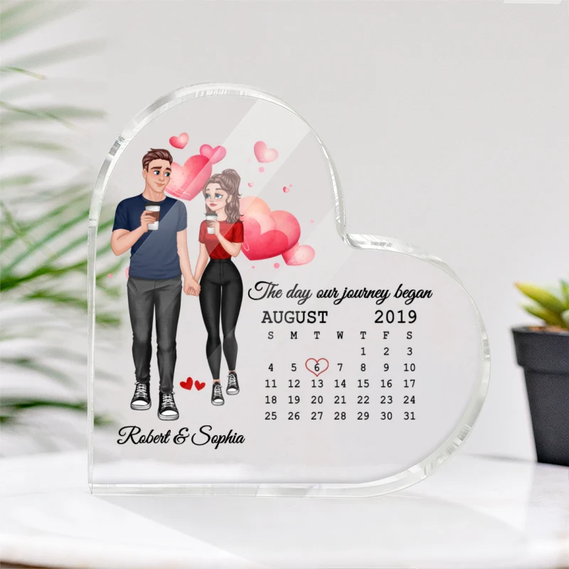 Cartoon Couple Hand In Hand Anniversary Date Calendar Personalized Acrylic Heart Plaque - Gift For Him Gift For Her - Image 3