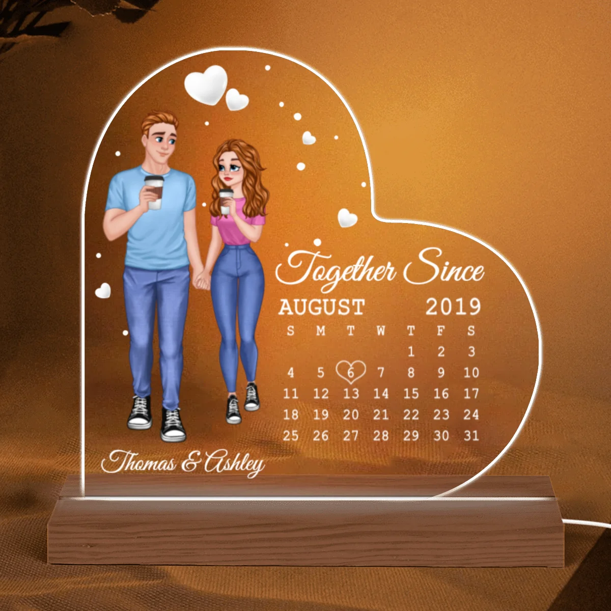 Cartoon Couple Hand In Hand Calendar Anniversary Date Personalized Heart Shaped Acrylic Plaque With LED Night Light - Image 5