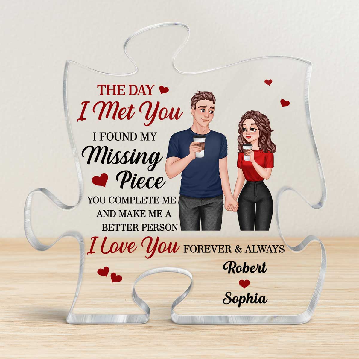 Cartoon Couple Hand In Hand Found My Missing Piece Personalized Puzzle Acrylic Plaque - Anniversary Gift For Him For Her