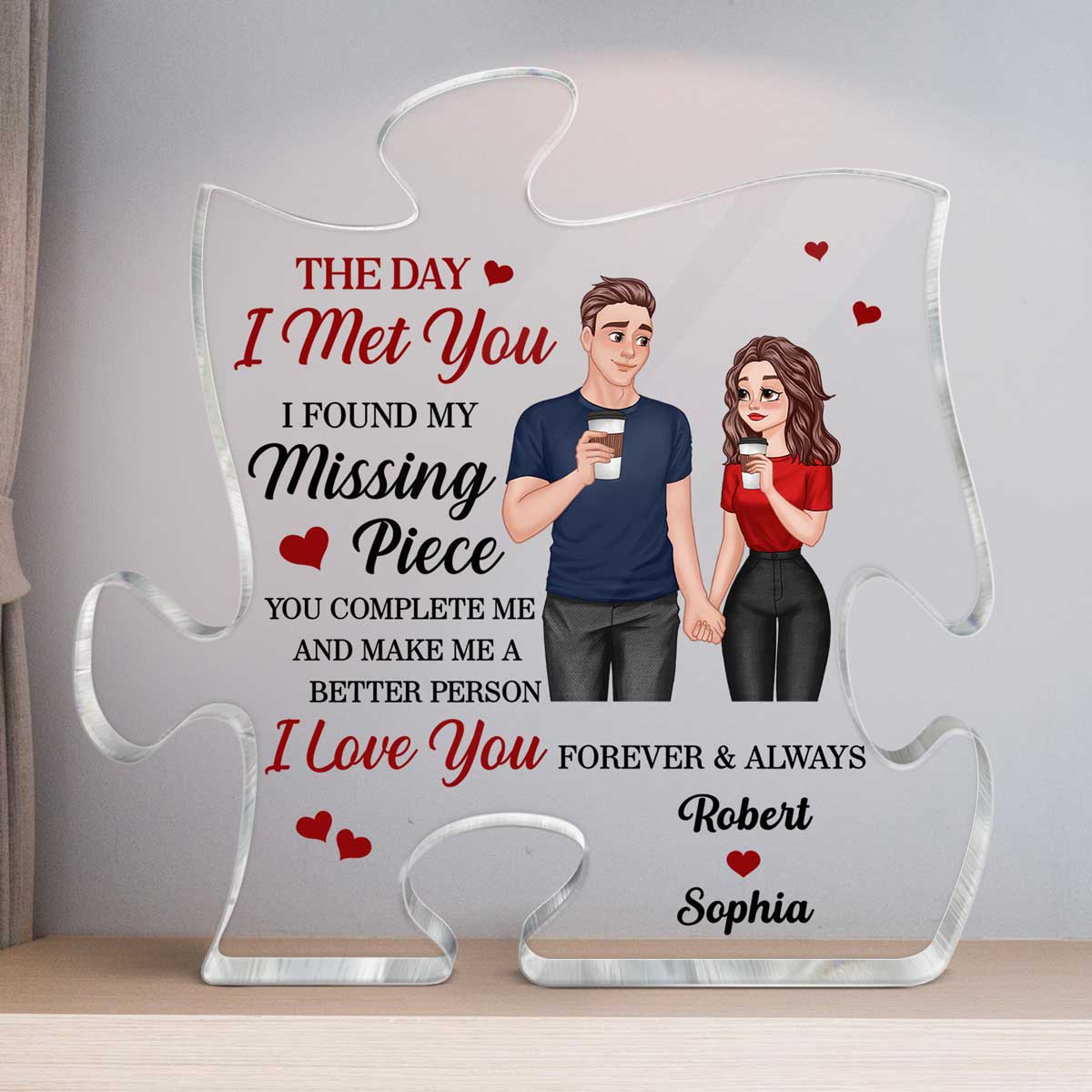 Cartoon Couple Hand In Hand Found My Missing Piece Personalized Puzzle Acrylic Plaque - Anniversary Gift For Him For Her - Image 3