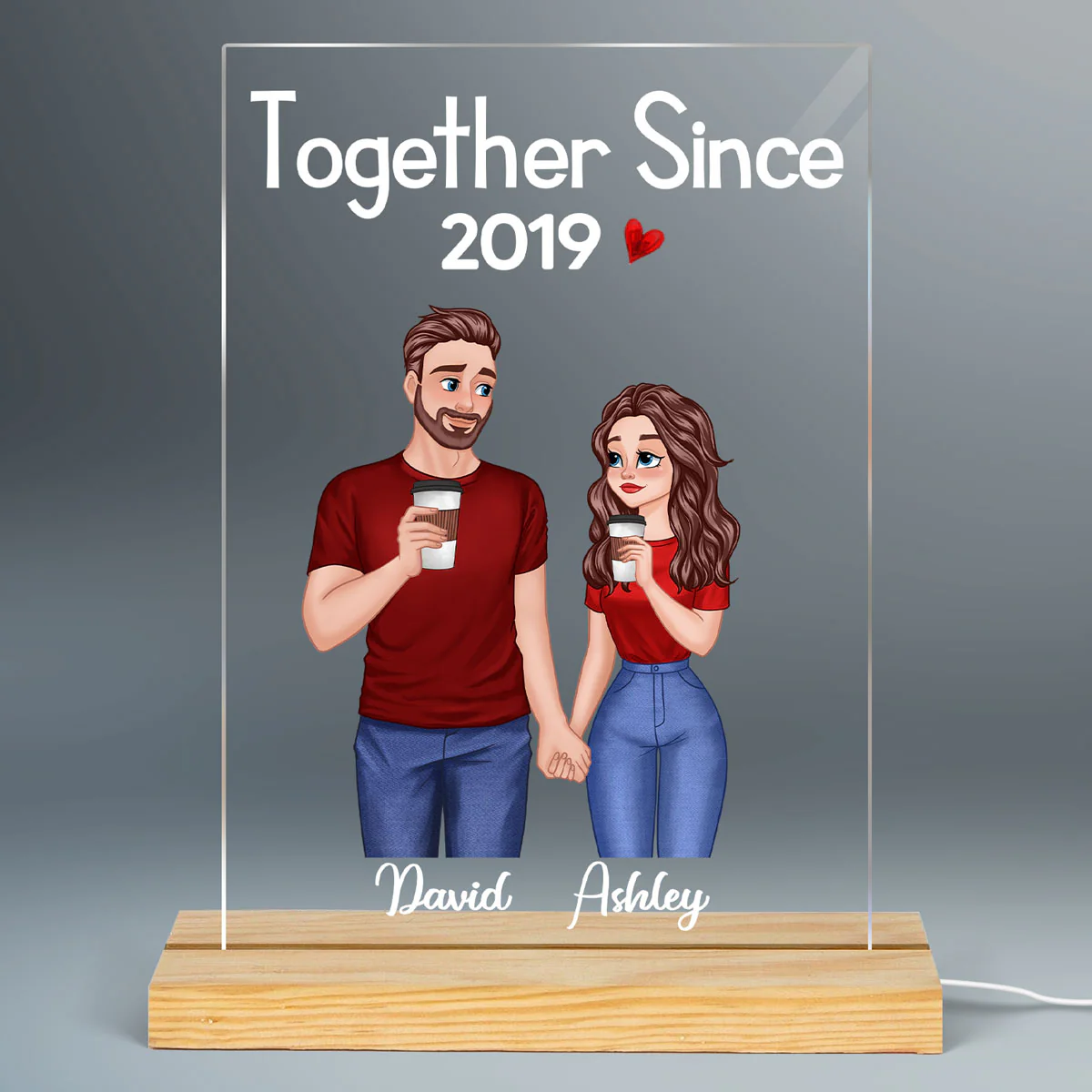 Cartoon Couple Hand In Hand Gift For Him Gift For Her Personalized Rectangle Acrylic Plaque With LED Night Light - Image 2