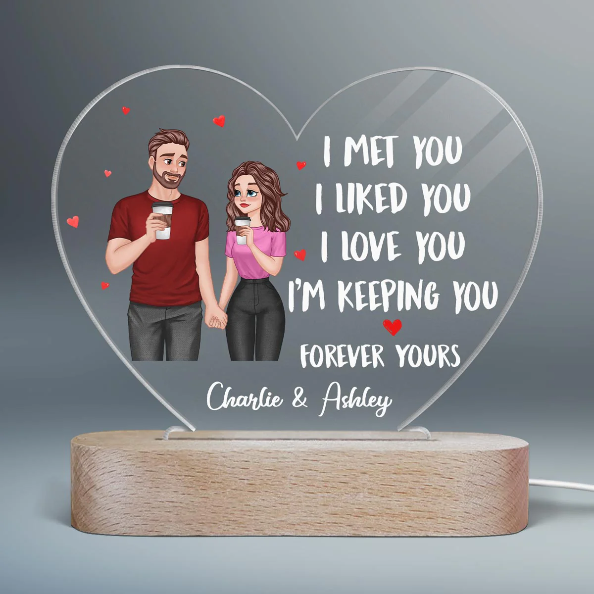 Cartoon Couple Hand In Hand I Met You Like You Love You Gift For Him For Her Personalized Acrylic Heart Plaque With LED Night Light - Image 2