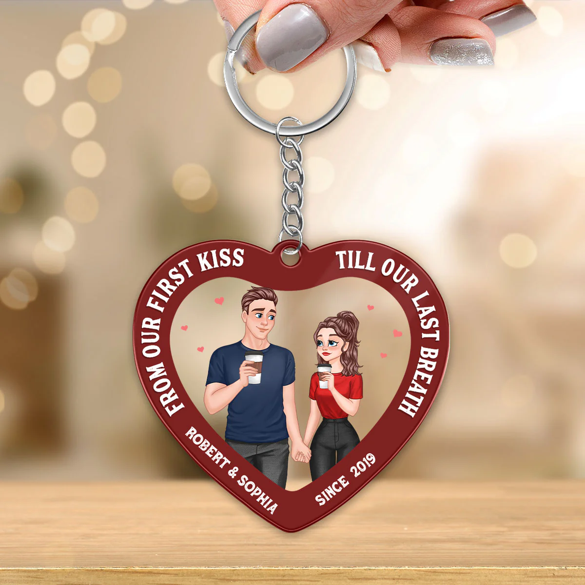 Cartoon Couple Hand In Hand Inside Heart Personalized Acrylic Keychain